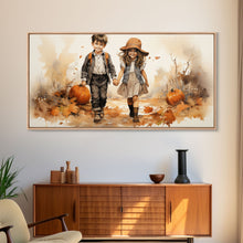 Load image into Gallery viewer, Boy And Girl Holding Hands, Fall Wall Decor, Canvas Print, Wall Hanging, Panoramic Art, Kids Wall Art, Nursery Wall Art, Gifts For Grandma
