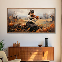 Load image into Gallery viewer, Girl Violinist, Fall Wall Decor, Pumpkin Decor, Canvas Print, Wall Hanging, Panoramic Art, Country Home Decor, Violin Wall Art, Gift For Her
