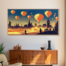 Load image into Gallery viewer, Flight of the balloons, hot air balloon armada, framed canvas print, ready to hang framed wall art
