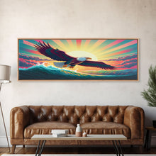 Carregar imagem no visualizador da galeria, American Bald Eagle, Panoramic Wall Art, Framed Canvas, Retro Style Eagle Painting, Synthwave Ocean Sunset Art
