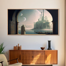 Load image into Gallery viewer, Two Moon Alien World, Dune Inspired Art, Framed Canvas Print, Scifi Art
