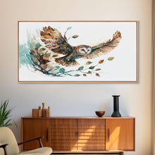 Carregar imagem no visualizador da galeria, Flying owl with trees, leaves, forest double exposure, nature animal, owl illusion art, wrapped framed canvas print, office wall art
