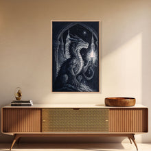 Load image into Gallery viewer, Dragon holding a torch, poster art, black and white dragon
