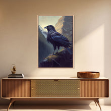 Load image into Gallery viewer, The raven, cool mountain crow art, raven in a forest portrait, fine art poster print
