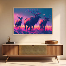 Load image into Gallery viewer, Vaporwave landscape, Elk in the plains at sunset, framed canvas art, canvas print, framed wall art
