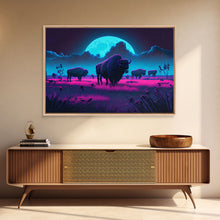 Load image into Gallery viewer, American Buffalo, Retrowave art, herd of Bison and a full moon, framed canvas print
