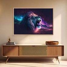 Cargar imagen en el visor de la galería, Cosmic Roar, lion roaring at the stars, synthwave galaxy and lion art, framed canvas print, unique framed wall art

