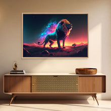 Load image into Gallery viewer, Cosmic roar watercolor, Lion staring at the stars over Africa, framed canvas print, unique vibrant wall art
