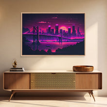 Load image into Gallery viewer, Cyberpunk San Francisco, Futuristic city skyline art, framed canvas print,  Synthwave / vaporwave cityscape decor
