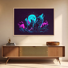 Load image into Gallery viewer, Howl at the moon - turquoise wolf pack howling at the moon, framed canvas print, vaporwave art
