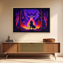 Load image into Gallery viewer, 8 bit Pixel art, RPG video game concept art, Paladin faces the Dragon, synthwave style, framed canvas print
