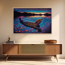 Carregar imagem no visualizador da galeria, Cute beaver swimming at midnight, vaporwave aesthetic animal print art, starry night beaver, framed canvas print
