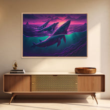 Load image into Gallery viewer, 3 Blue Whales Breaching at Sunset, vaporwave synthwave ocean art, framed canvas print
