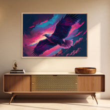 Carregar imagem no visualizador da galeria, Bald eagle in flight, vaporwave aesthetic art, eagle against a pastel sunset sky, framed canvas art, framed print
