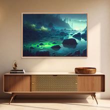 Cargar imagen en el visor de la galería, Bioluminescent glowing river, cool nature watercolor art, framed canvas print

