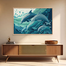 Load image into Gallery viewer, Dolphins in the Ocean, Turquoise dolphin art, framed canvas print, wall art with frame
