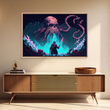 Load image into Gallery viewer, Warrior Vs Cthulhu, RPG concept pixel art, framed canvas print, outrun video game art
