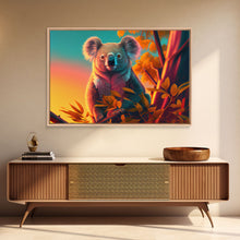 Cargar imagen en el visor de la galería, Cute Koala bear at sunset, vaporwave animal art, framed canvas print, framed wall art, ready to hang
