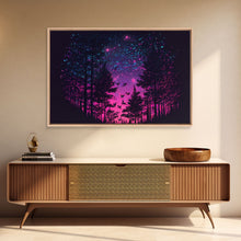 Load image into Gallery viewer, Synthwave Starry Night Time Lapse in a pine tree forest, framed canvas print, timelapse art
