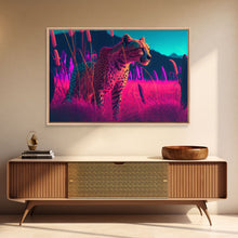 Load image into Gallery viewer, Cheetah on the hunt, vaporwave art, sunset hunter, framed canvas print, framed wall art
