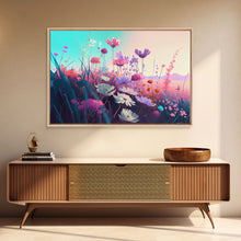 Carregar imagem no visualizador da galeria, Black panther on the hunt in the jungle, glowing blue eyes, synth wave aesthetic art, framed canvas print
