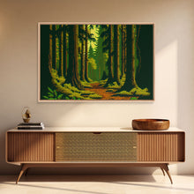 Load image into Gallery viewer, Among The Tall Trees, Beautiful forest 8 bit pixel art, framed canvas print, game room art
