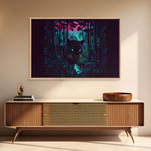 Load image into Gallery viewer, Panther in the jungle, framed canvas print, synthwave / vaporwave art
