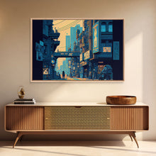 Load image into Gallery viewer, 8 bit pixel art cyber punk city, video game concept art, framed canvas print, game room art
