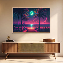 Load image into Gallery viewer, Outrun style full moon lit beach, framed canvas print, synthwave palm tree &amp; beach art
