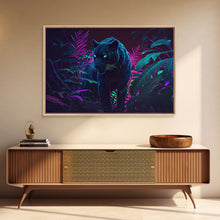 Carregar imagem no visualizador da galeria, Black panther on the hunt in the jungle, glowing blue eyes, synth wave aesthetic art, framed canvas print
