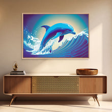 Load image into Gallery viewer, Dolphin riding a wave, cute animal prints, vaporwave animal art, framed canvas print
