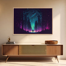 Cargar imagen en el visor de la galería, Contemplating the stars, vaporwave aesthetic, forest art, starry night, framed canvas print

