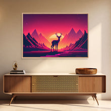 Load image into Gallery viewer, Deer at sunset, outrun style nature animal print, framed canvas print, sunrise art
