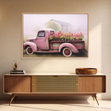 Load image into Gallery viewer, Framed Picture of old truck with beautiful flowers in bed of truck, farmhouse living, old barn, farmhouse distressed, framed canvas print
