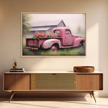 Load image into Gallery viewer, Framed Picture of old truck with beautiful flowers in bed of truck, farmhouse living, old barn, farmhouse distressed, framed canvas print
