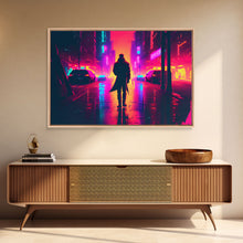 Load image into Gallery viewer, Cyberpunk bounty hunter art, vaporwave synthwave dystopian cityscape, framed canvas print
