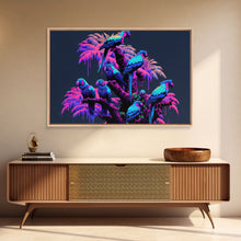 Load image into Gallery viewer, Synthwave Tropical Birds, Parrot Art, Framed canvas print, framed wall decor, vaporwave animal print
