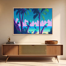Load image into Gallery viewer, Tropical birds of paradise, synthwave, vaporwave wall art, framed canvas print
