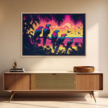 Load image into Gallery viewer, Tropical birds of paradise, synthwave, vaporwave wall art, framed canvas print
