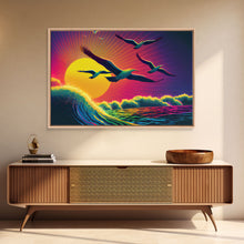 Carregar imagem no visualizador da galeria, Flock of Seagulls, art deco style sun, framed canvas print, synthwave retrowave animal art
