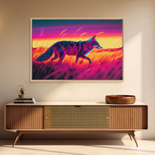 Load image into Gallery viewer, Cute fox in the tall grass, animal print, vaporwave framed canvas print, retrowave animal art
