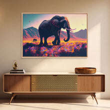 Load image into Gallery viewer, Elephants of Africa, Vibrant and colorful landscape, vaporwave, framed canvas print
