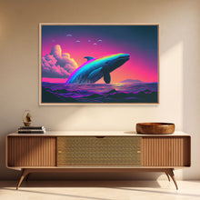 Load image into Gallery viewer, Humpback whale breaching a rainbow, vaporwave art, synthwave animal print, framed canvas print
