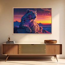 Load image into Gallery viewer, Portrait of a leopard at sunset, vaporwave art, framed canvas print, framed wall art, animal prints
