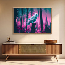 Load image into Gallery viewer, White owl in synthwave forest, vaporwave style animal print art, framed canvas print
