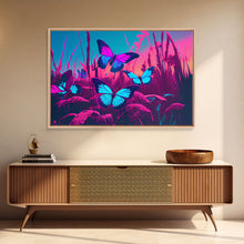 Load image into Gallery viewer, Beautiful butterfly art, vaporwave aesthetic pastel art, framed canvas print, synthwave art
