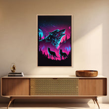 Load image into Gallery viewer, Wolves Howling at the moon, 3 wolf moon, framed canvas print, vaporwave art, Animal art, predator art
