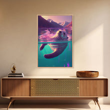 Carregar imagem no visualizador da galeria, Cute Otter going for a swim, pastel retro style art, framed canvas print, Otter out for a swim in a mountain lake
