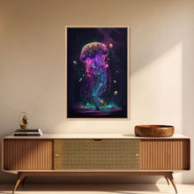 Load image into Gallery viewer, Bioluminescent Cosmic Jellyfish against a Starry night sky, JellyFish Art, Framed Canvas Print, synthwave style art
