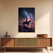 Load image into Gallery viewer, Cowboy contemplating the stars, framed canvas print
